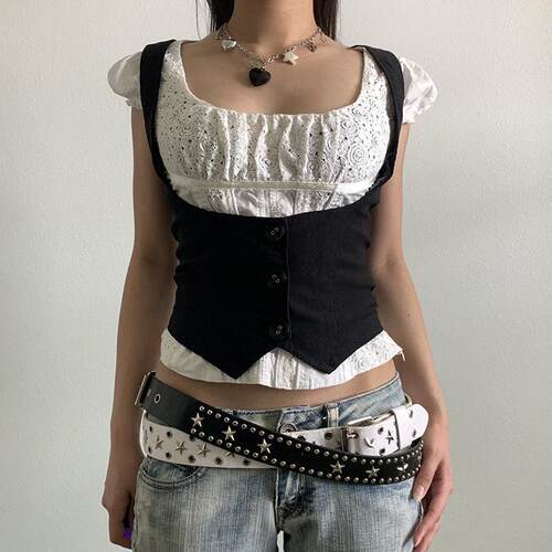 Women's Vintage Button Front Crop Jersey Vest Top Punk