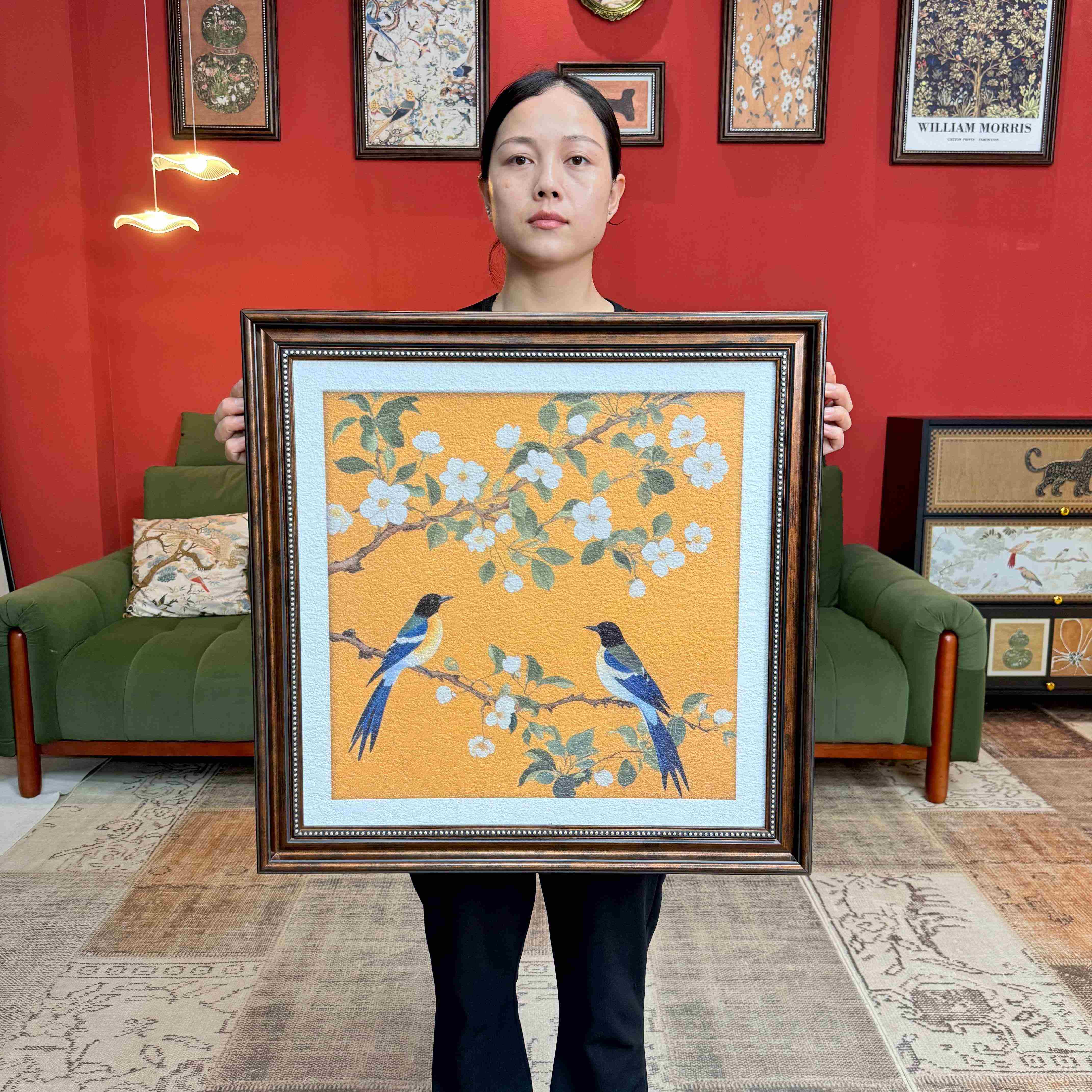 黄色 喜上眉梢 中古风客厅装饰画玄关画F009原创卧室床头挂画6060