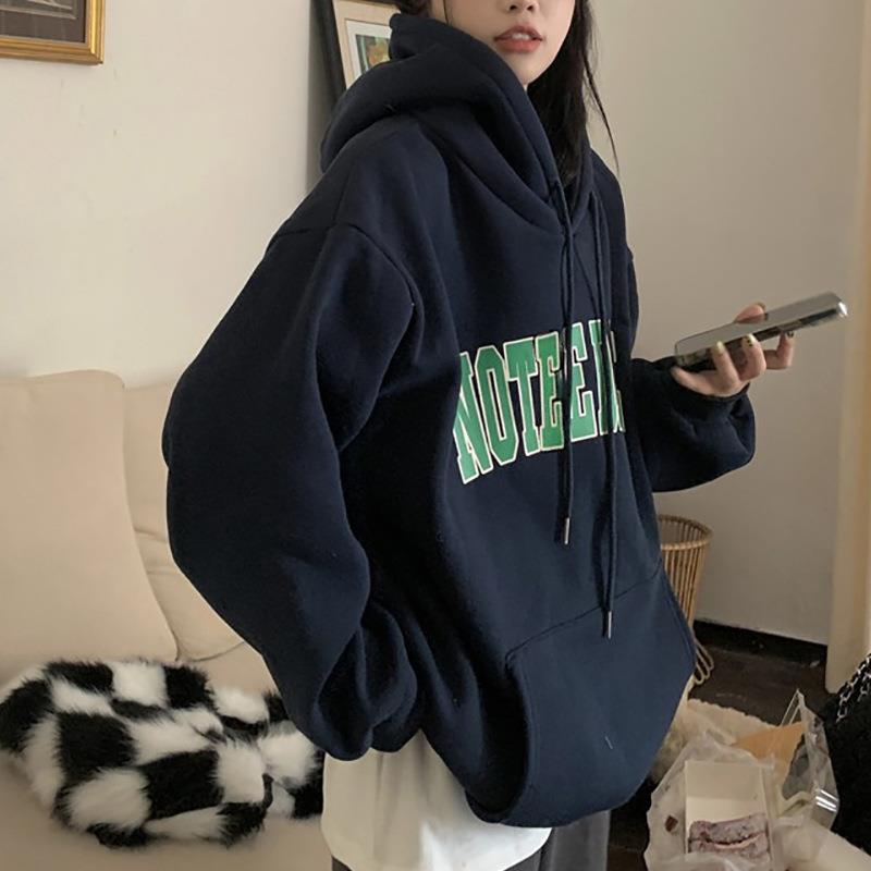 简遇luck品质女装加绒连帽卫衣女2024秋冬新款大码印花绒衫秋冬美