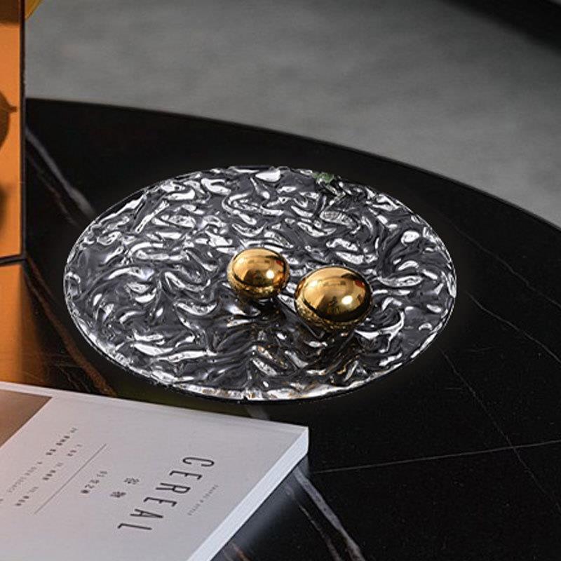 现代简约轻奢玻璃水波纹圆形托盘样板间售楼处茶几餐桌装饰盘摆件