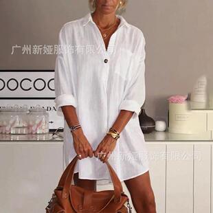 Cotton and linen shirt women's V-neck long sleeved top