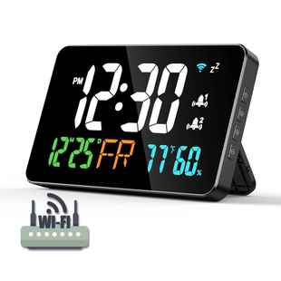 时钟自动校时24年跨境新品2868 WIFI温湿度原子钟镜子钟LED涂鸦