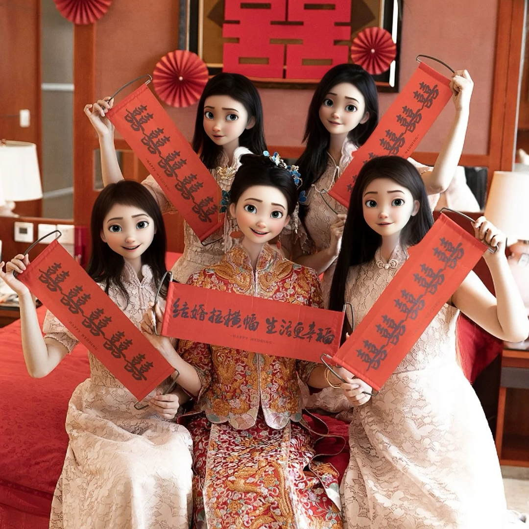 结婚拍照道具女方神器氛围感伴娘横幅摆拍婚礼晨袍手拉旗团扇新娘