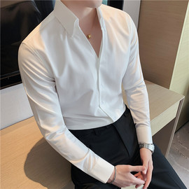 法式一片领白色打底长袖，衬衫男纯色，痞帅高级感立领衬衣v领内搭潮