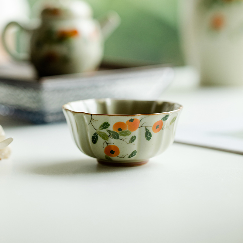 观策器隐纯手绘柿子菊瓣杯茶杯功夫品茗杯家用陶瓷闻香主人杯单杯