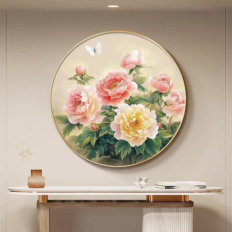 富贵牡丹入口大厅圆形装饰画新中国风走廊走廊客厅挂画餐厅花卉壁