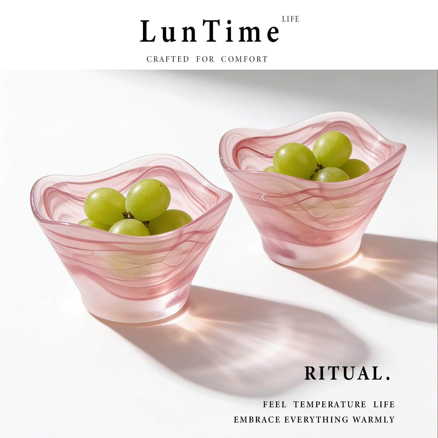 LunTime生活 手工玻璃果盘田园风波浪边粉色家用水果盘餐具套装