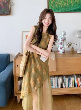 黄色复古新中式网纱拼接洋装女2026夏季新款高级感碎花无袖长裙