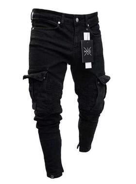 Men's Black Cargo Jeans with Multi Pockets High Cotton