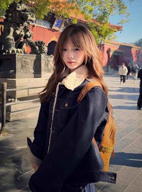 初套冬ACW羊羔毛牛仔外女冬季新款加绒加短厚显宽松瘦款夹克棉服