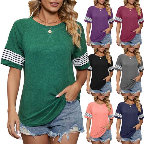 Striped patchwork short sleeved T-shirt top for women