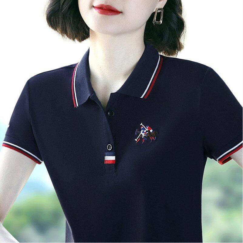 韩系夏季polo衫短袖t恤女休闲衬衫2025新款带领黑色中年翻领上衣