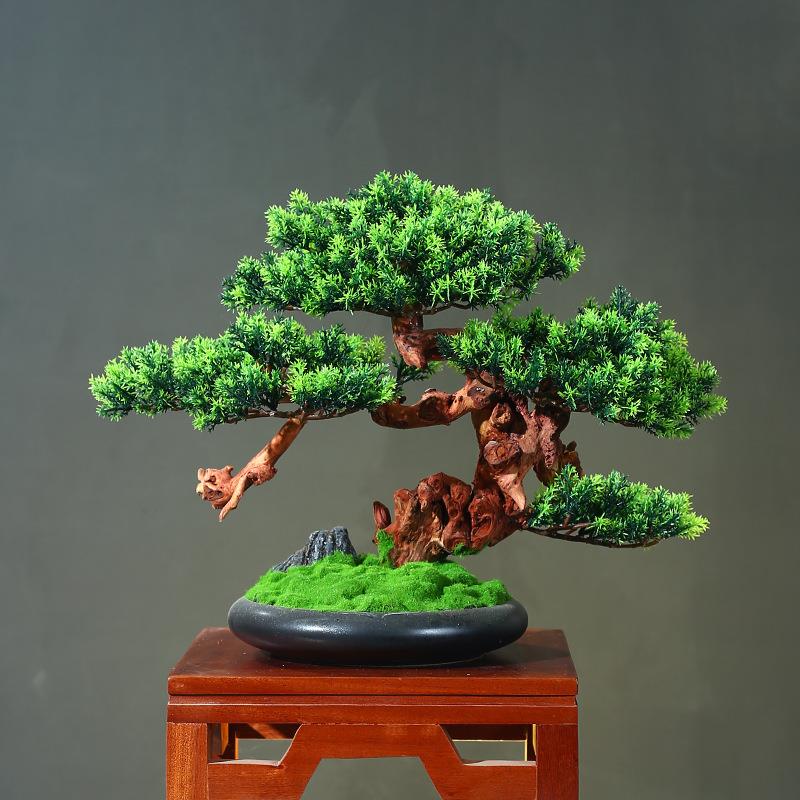仿真迎客松盆景花架摆件新中式客厅装饰假花绿植物盆栽样板间软装