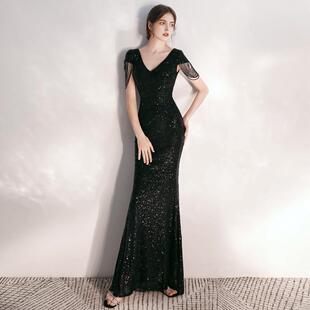 晚礼服女高级感气质宴会年会主持人高端亮片鱼尾裙秋冬季端庄大气