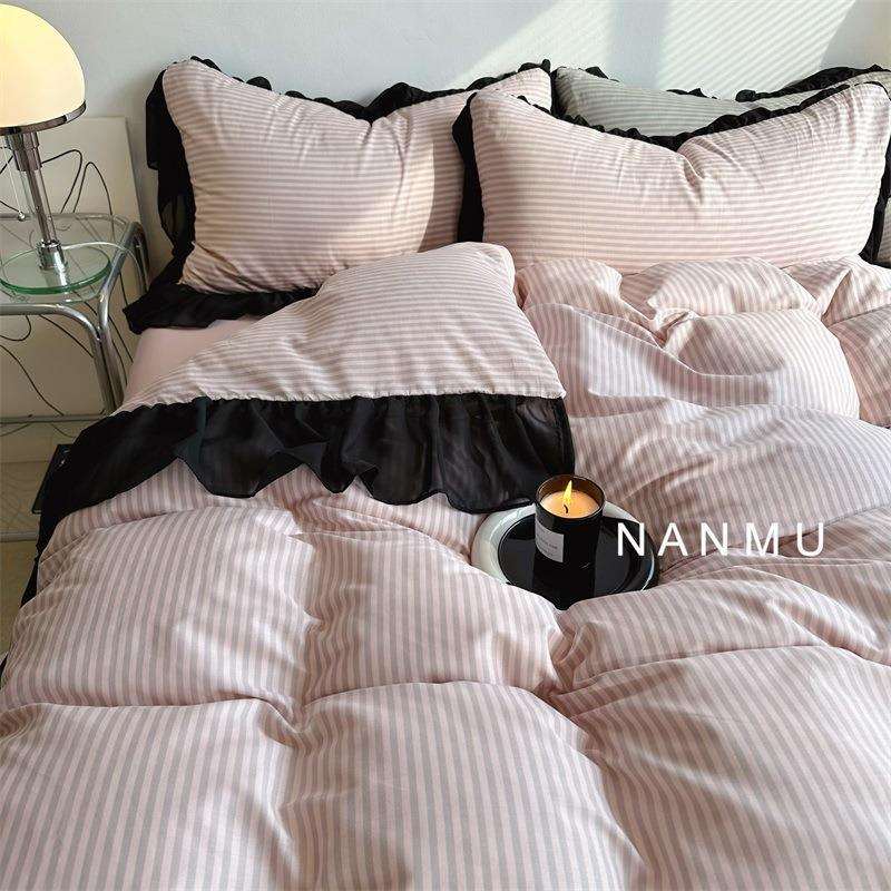 花点心思爱｜纯欲风黑色花边纯棉四件套少女裸粉条纹全棉床品1.8m