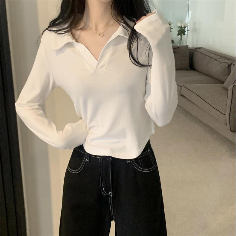 白色v领长袖t恤女2025早秋新款修身显瘦内搭短款打底衫学生上衣潮