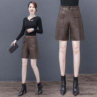 秋冬韩高腰66681阔腿女五分版 筒绵羊皮皮裤 大码 直裤 靴裤 皮短裤