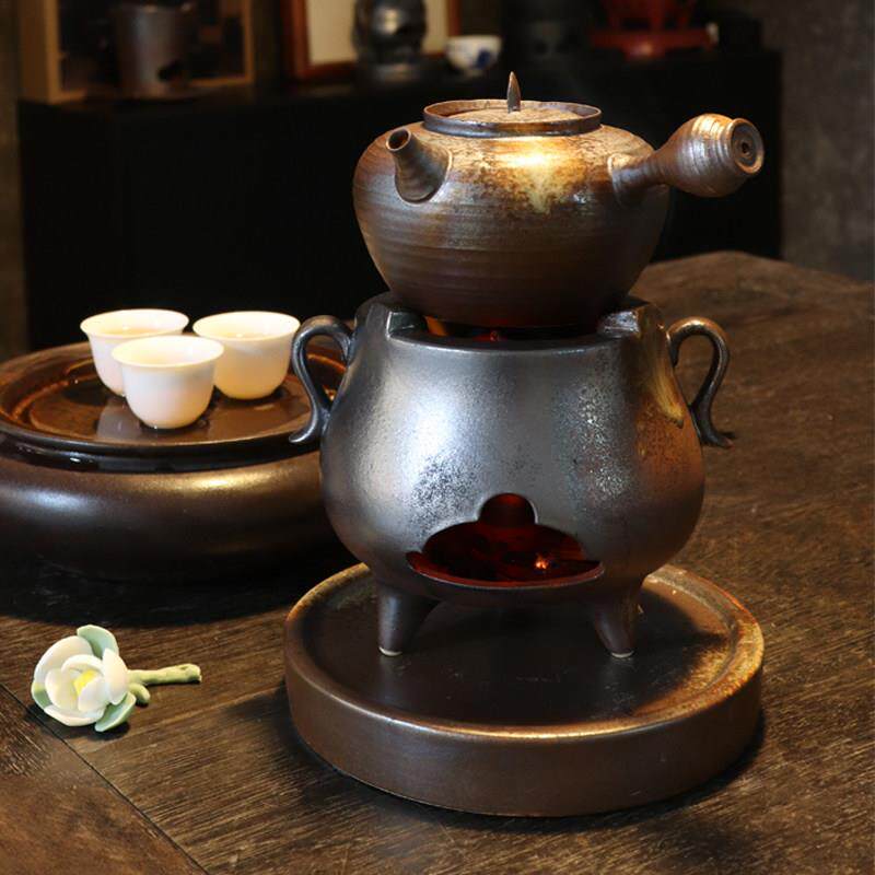 古铜色白泥炭炉围炉煮茶明火炉煮茶器陶瓷侧把壶茶壶中式碳烤炉设