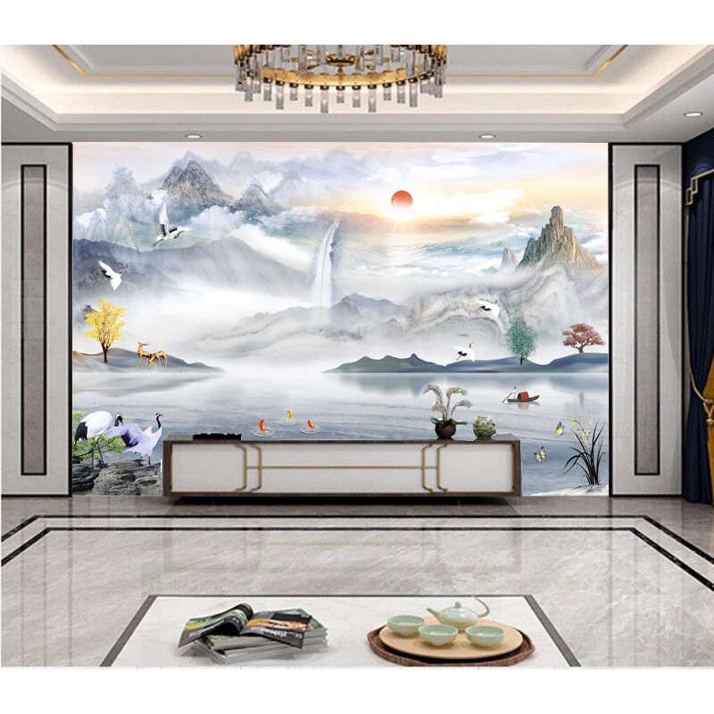 2024新中式客厅电视背景墙壁画壁纸8D壁布大气网红山水画墙纸墙布