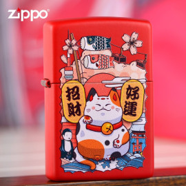 zippo原版芝宝煤油打火机哑漆彩印好运招财猫咪正版