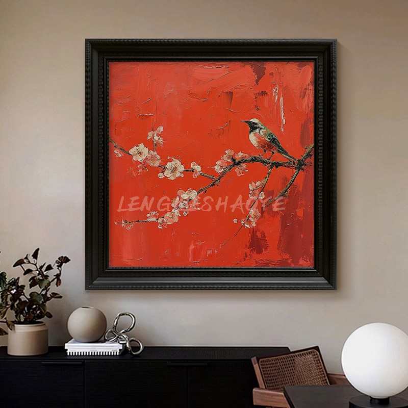 复古中国红喜上眉梢花鸟装饰品挂画梅花喜鹊法式客厅玄关手绘油画