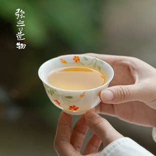 弥言白瓷手绘茶杯家用大号主人杯手工陶瓷薄胎品茗杯功夫茶具简约
