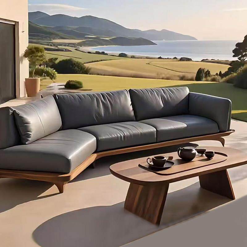 新中式真皮沙发现代别墅客厅转角四人位高端北美黑胡桃木实木沙发