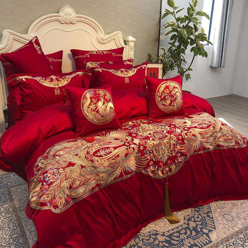 高档刺绣婚庆四件套轻奢100支长绒棉结婚陪嫁大红色套件全棉婚床