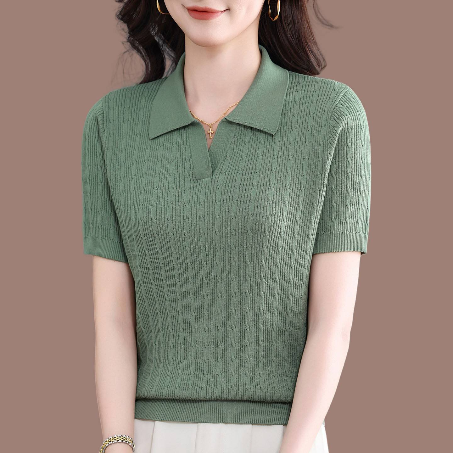 妈妈桑蚕丝POLO翻领短袖t恤女夏气质减龄上衣麻花显瘦冰丝针织衫图片