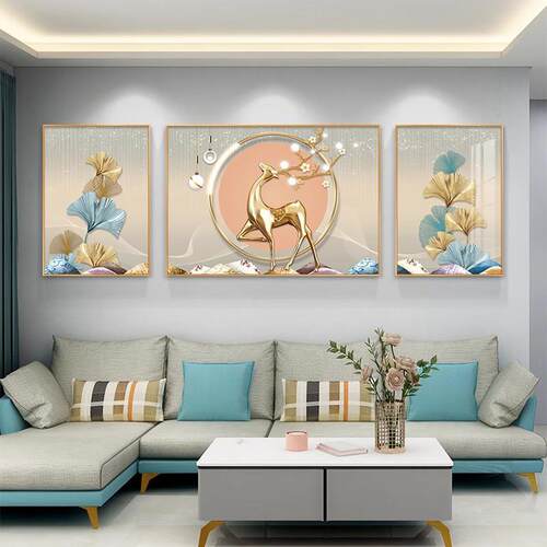 客厅装饰画沙发背景墙抽象挂画现代简约大气鹿壁画轻奢镶钻晶瓷画