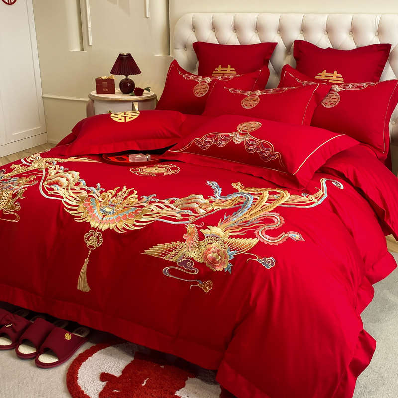奢华高档大红色婚庆喜被结婚四件套刺绣被套陪嫁送礼床单床上用品