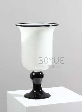 中古风黑白拼色高脚大口琉璃花瓶法式复古客厅插花艺术装饰品摆件