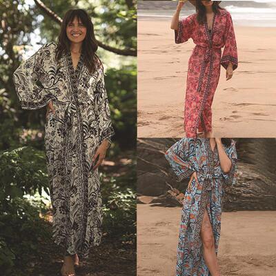 Women's Floral Print Tie Side Kimono, Casual Long Sleeve Ope