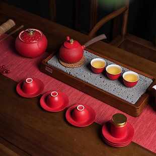 红色家用婚礼功夫茶具陶瓷侧把壶泡茶壶茶杯茶盘套装