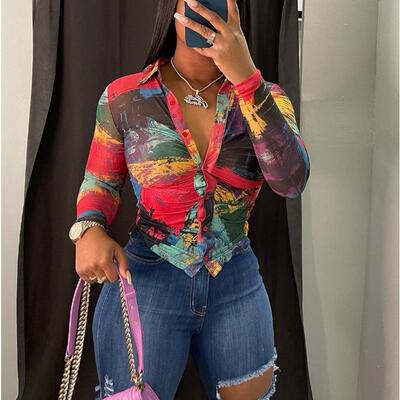 Women's All-Over Print Ruched Button-Front Shirt, Casual Top