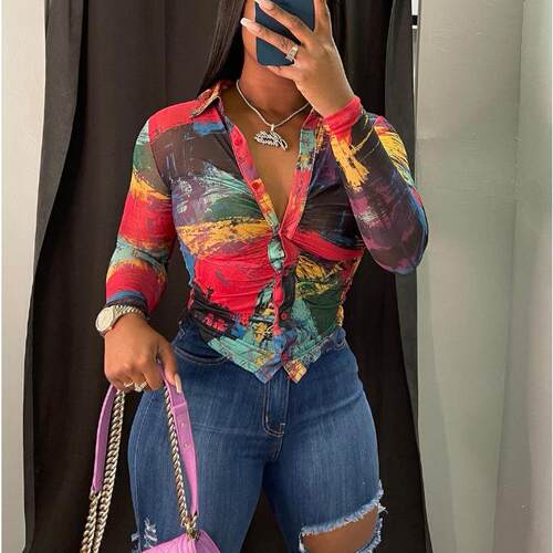 Women's All-Over Print Ruched Button-Front Shirt, Casual Top
