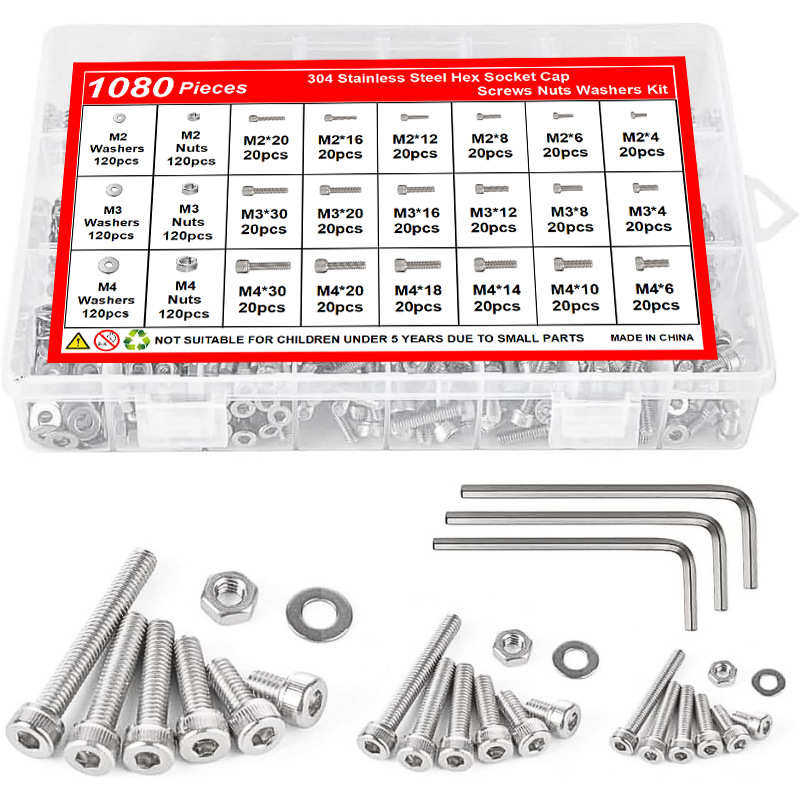 1080pcs 304不锈钢 DIN912内六角圆柱头螺丝和垫圈螺母套件 M2-M4,五金/工具,螺栓,淘宝优惠券,粉丝福利购,淘宝优惠卷