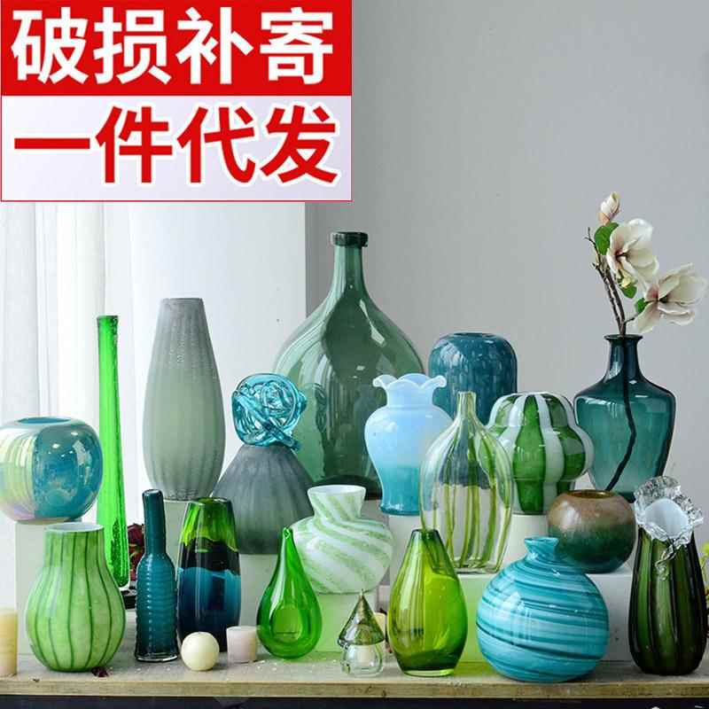 绿色系手工玻璃花瓶家居客厅玄关摆件花器装饰插花玻璃装饰品摆件