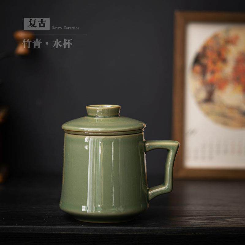复古粗陶泡茶马克杯茶杯创意陶瓷杯带盖办公室过滤水杯杯子可刻字