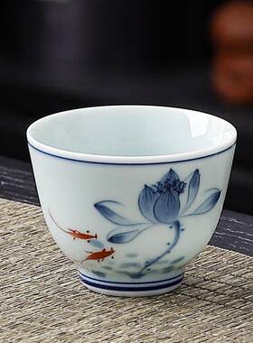 阅锐手绘茶杯品茗杯青花瓷荷花杯釉下彩手工绘画单杯老陶泥山水杯