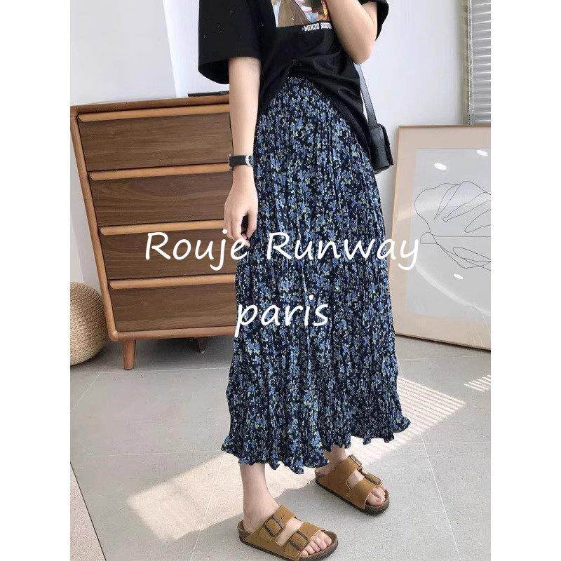 Rouje Runway复古褶皱碎花裙女春夏季新款半身裙小个子绝美a字裙
