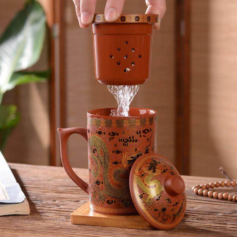 温变紫砂杯龙纹变色杯升华杯陶瓷复古带盖水杯茶水分离办公杯