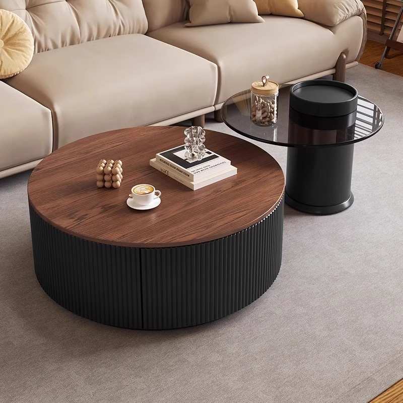 中古风圆形子母茶几客厅家用现代轻奢高级简约古风胡桃木意式组合