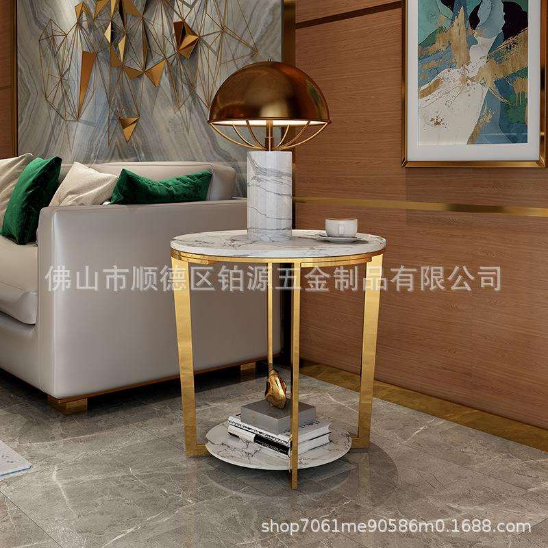 北欧轻奢大理石桌子简约金色小茶几沙发边几镀金不锈钢小户形圆几