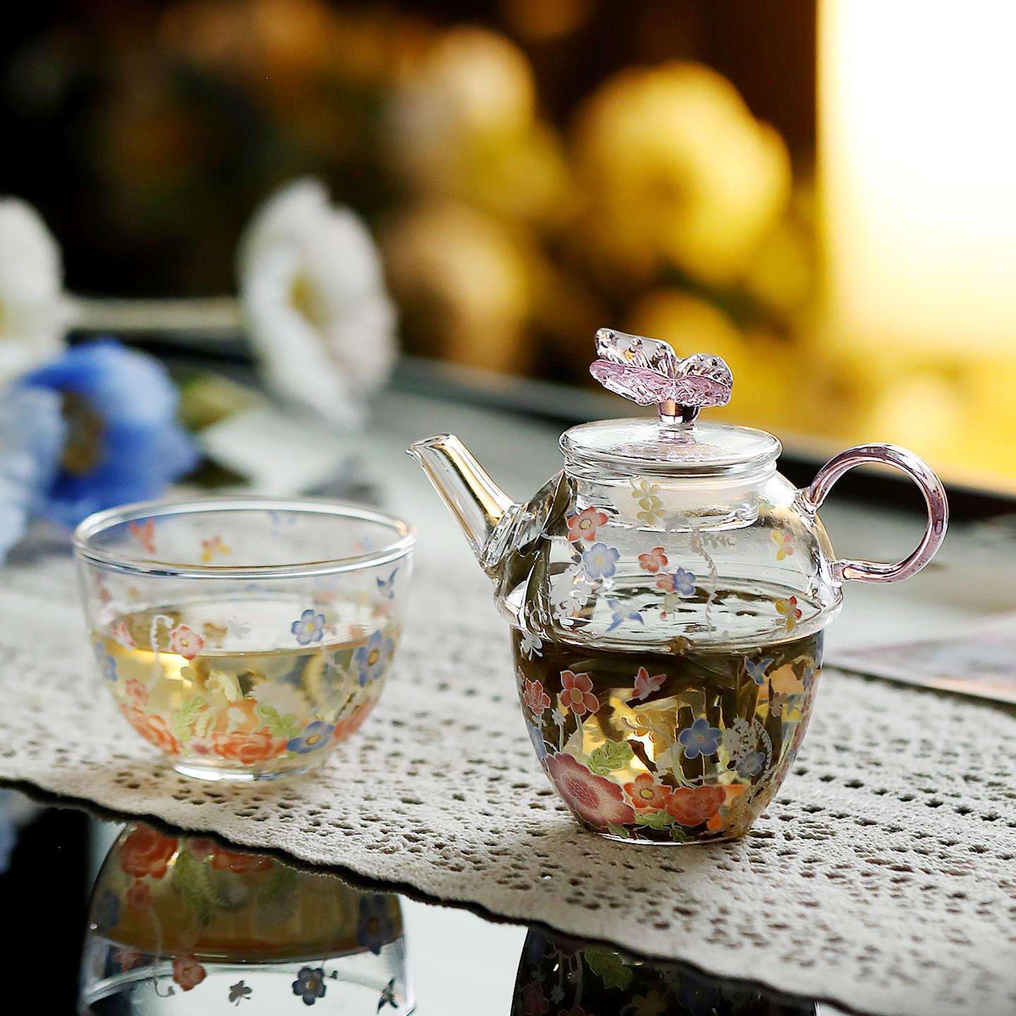 繁花似锦玻璃茶壶茶杯泡茶家用茶水壶单壶耐热高档一人独饮小茶具图片