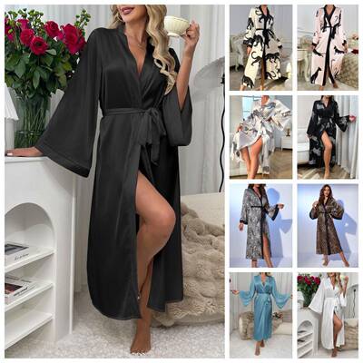Women Leopard Print Belted Bathrobe Sexy Aesthetic Sleeve
