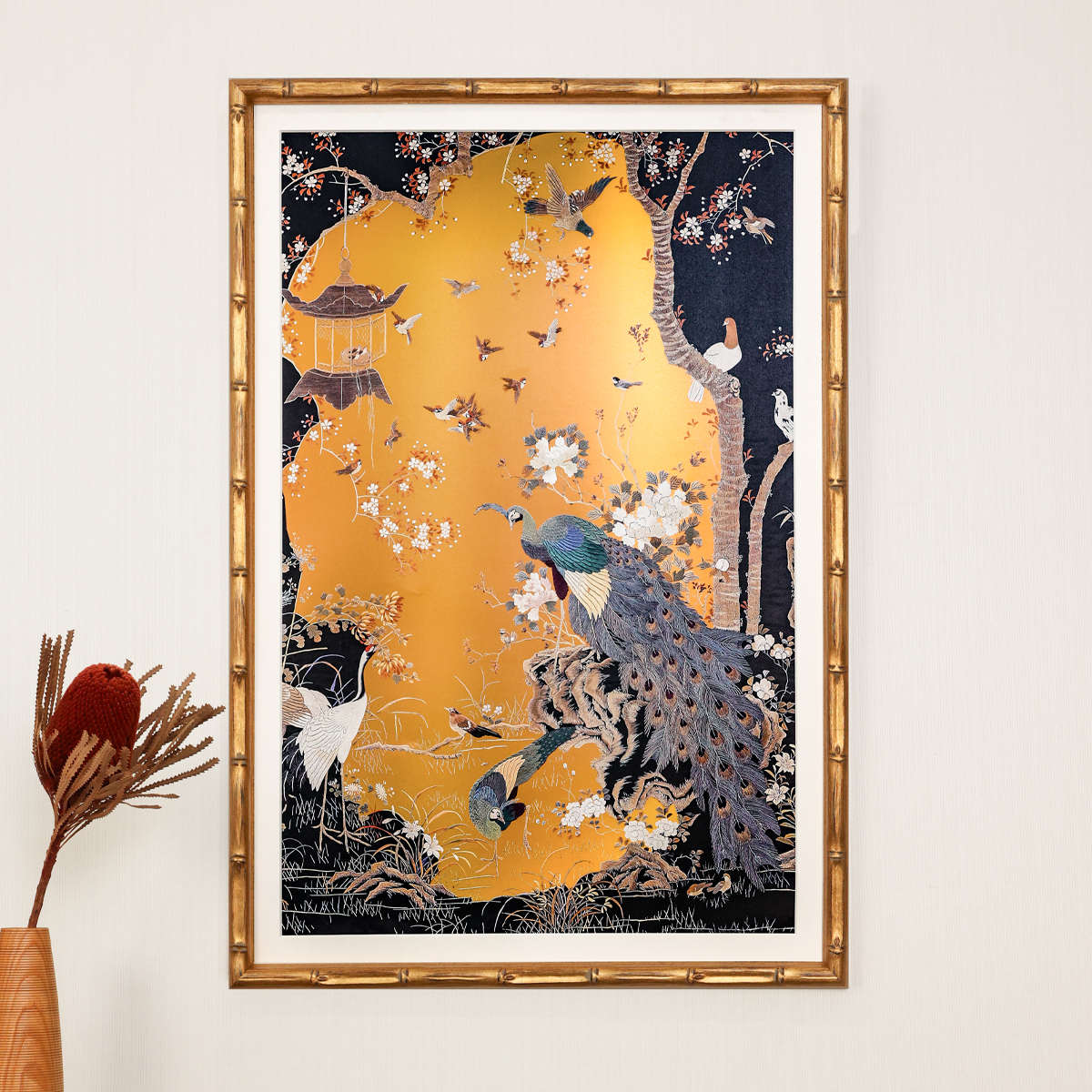 神鸟齐鸣孔雀牡丹法式复古客厅挂画中古风玄关装饰画国风艺术壁画图片