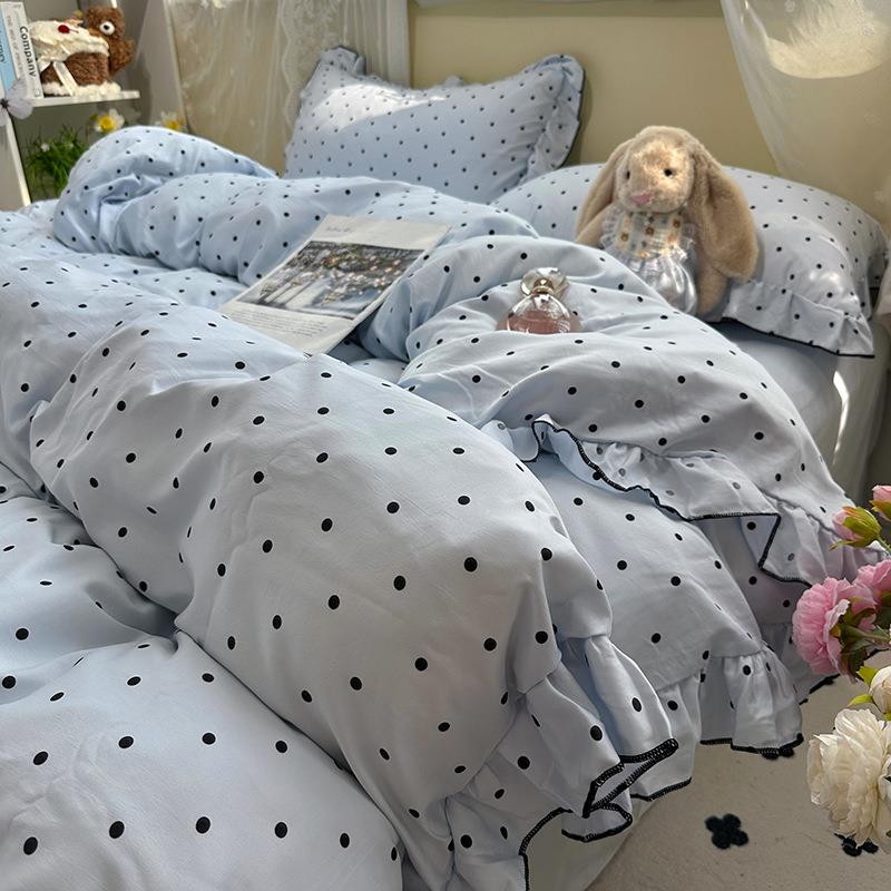 冰丝四件套丝滑裸睡被套床单夏季床笠公主风床上用品夏天蓝色被罩