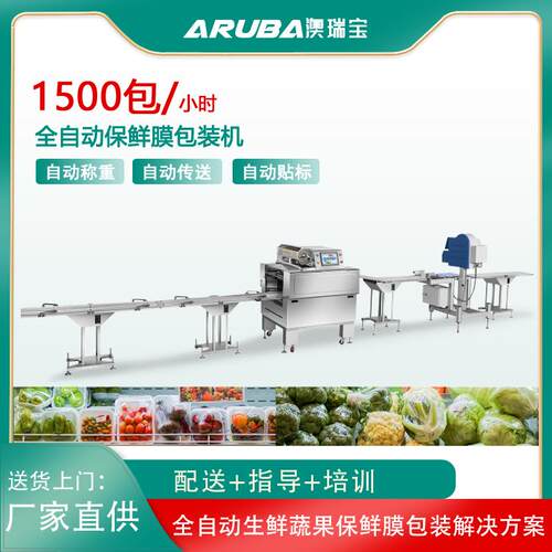 生鲜肉类全自动保鲜包装机自动传送贴标称重超市保鲜膜打包机