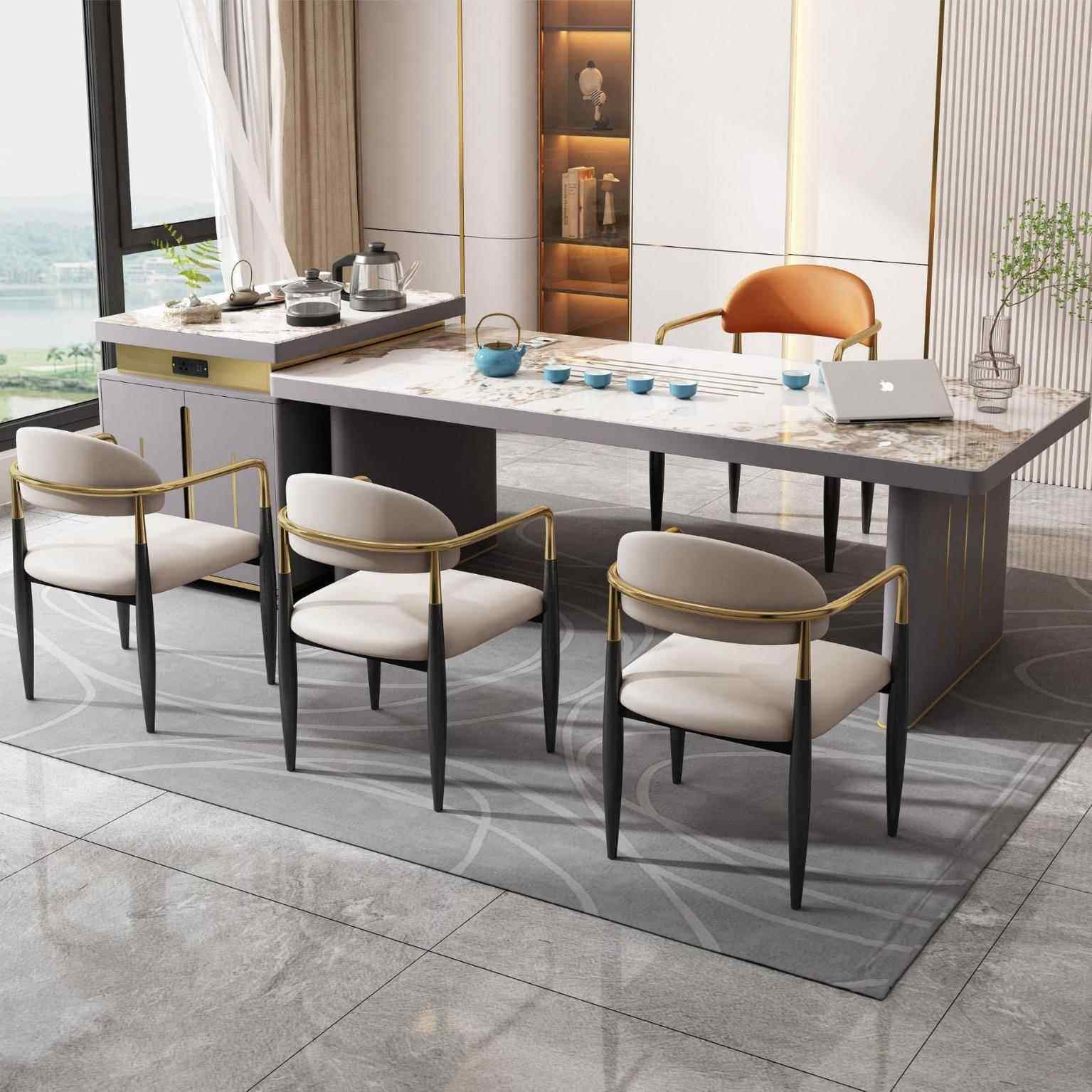 轻奢岩板茶台简约现代办公室大板桌家用阳台泡茶桌子可移动茶车椅